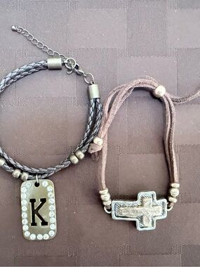 2pc Boho Bracelet Lot - Braided
"K" Initial & Layered Cross Cord
